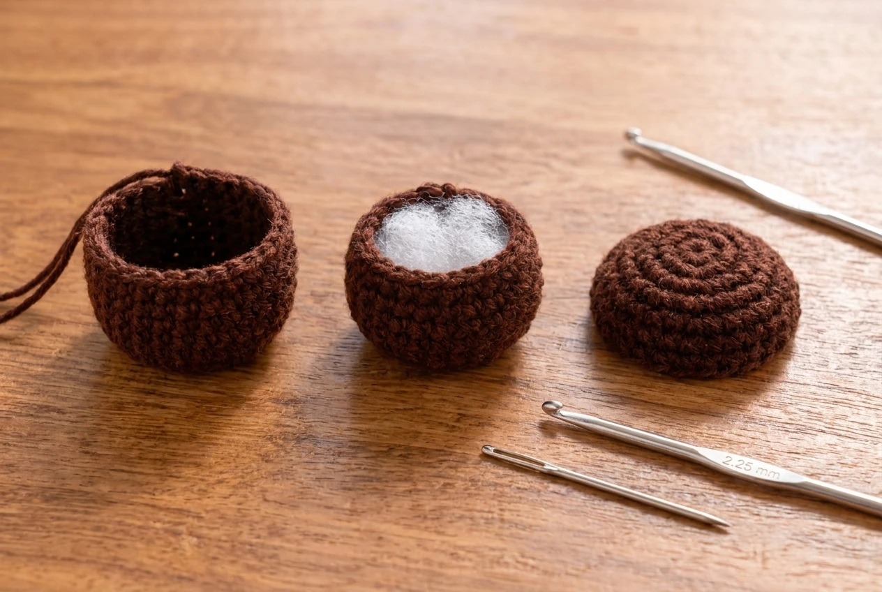dark brown crochet lid decrease stages for a coffee cup keychain