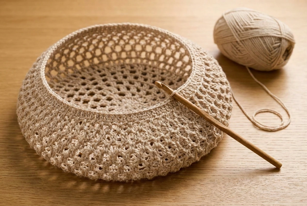 beige lace crochet beret crown curving into the side section