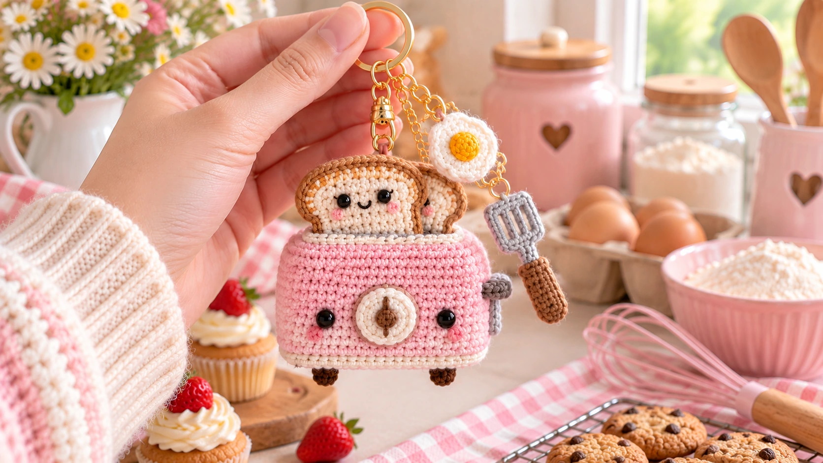 pink crochet toaster keychain with toast egg and spatula