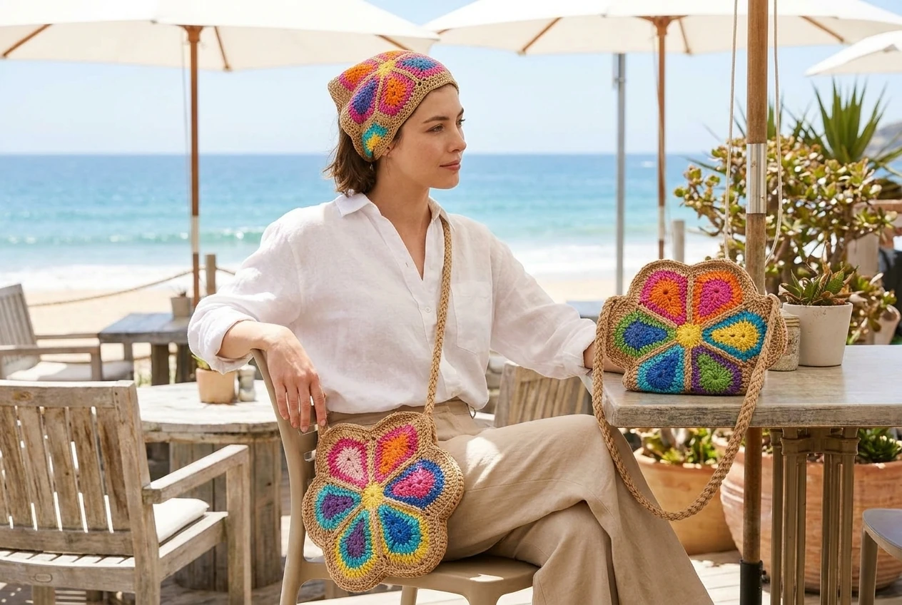 crochet flower bag and bandana outfit with white linen shirt and beige trousers