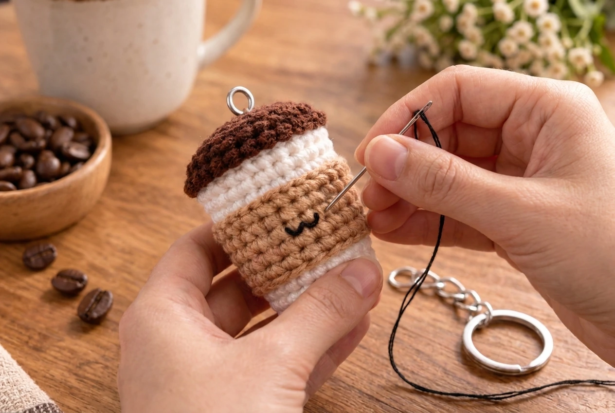 embroidering the face and attaching hardware to a crochet coffee cup keychain pattern
