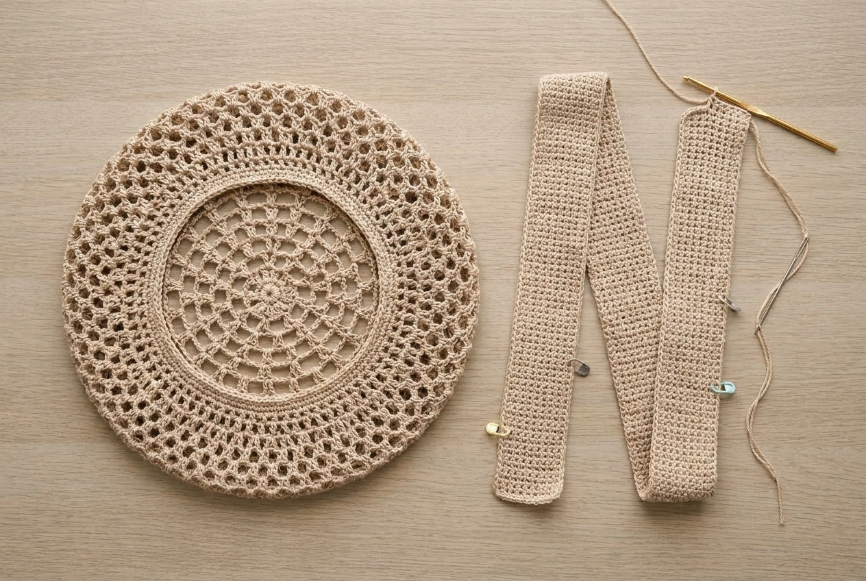 separate single crochet band beside a beige lace beret body