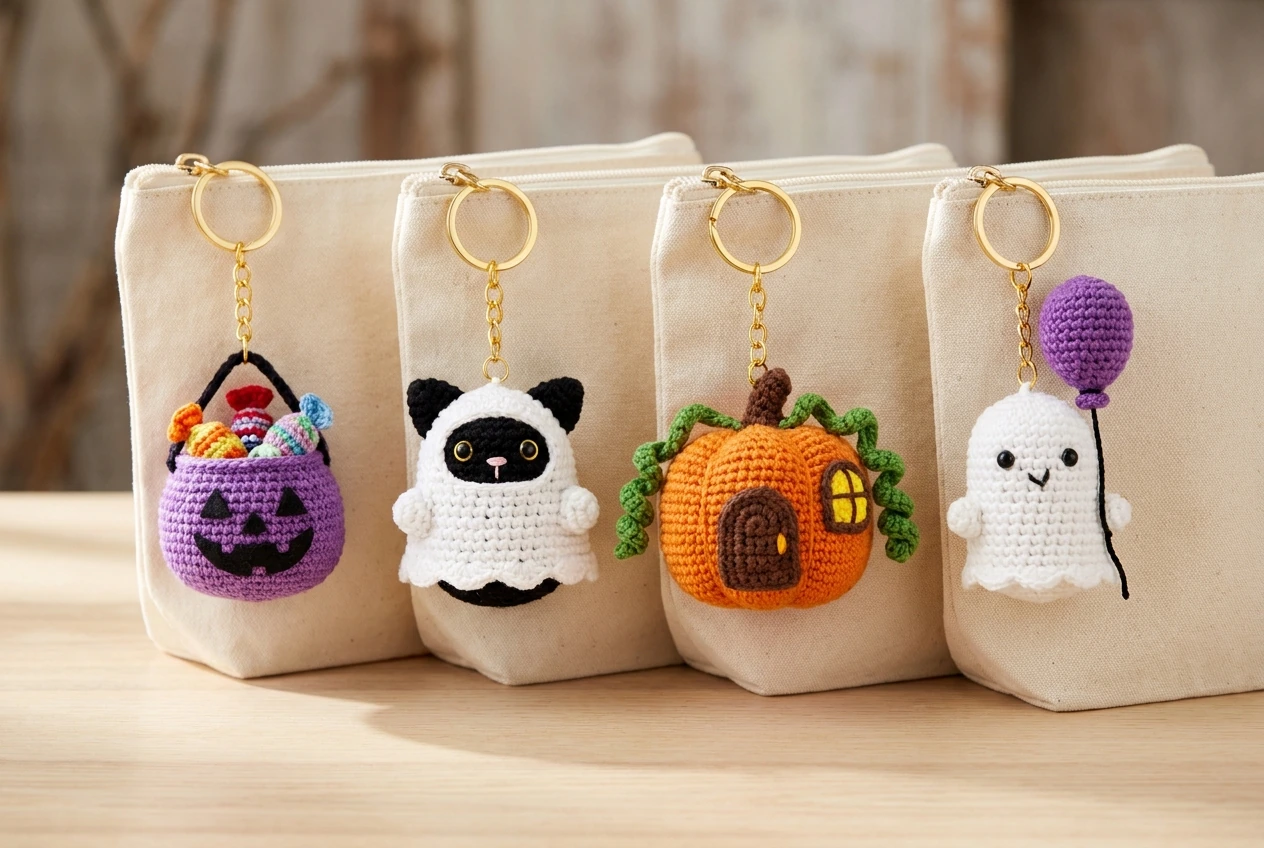 Halloween crochet keychain patterns group 7 with four unique designs