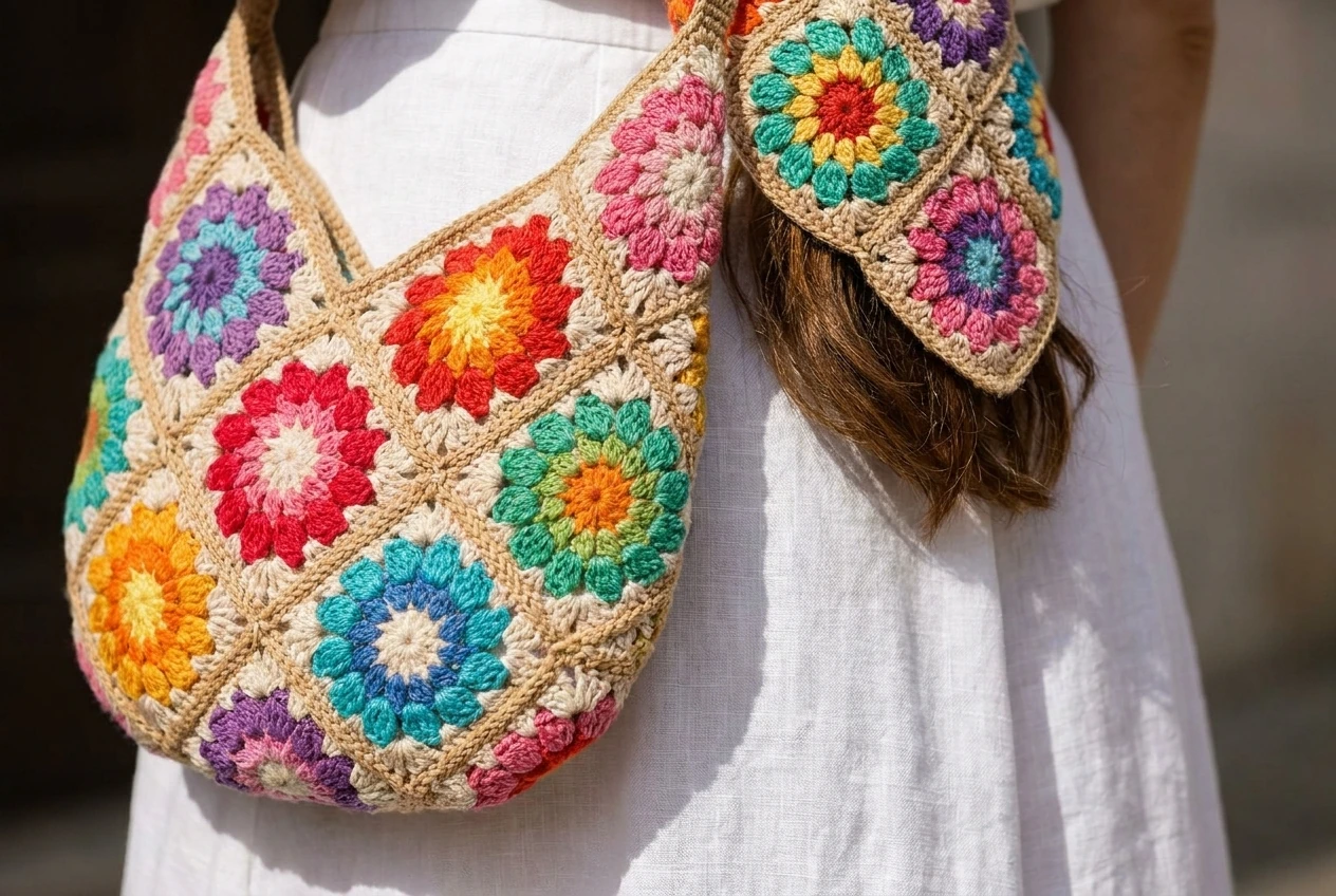 close outfit detail of matching colorful crochet flower bag and bandana