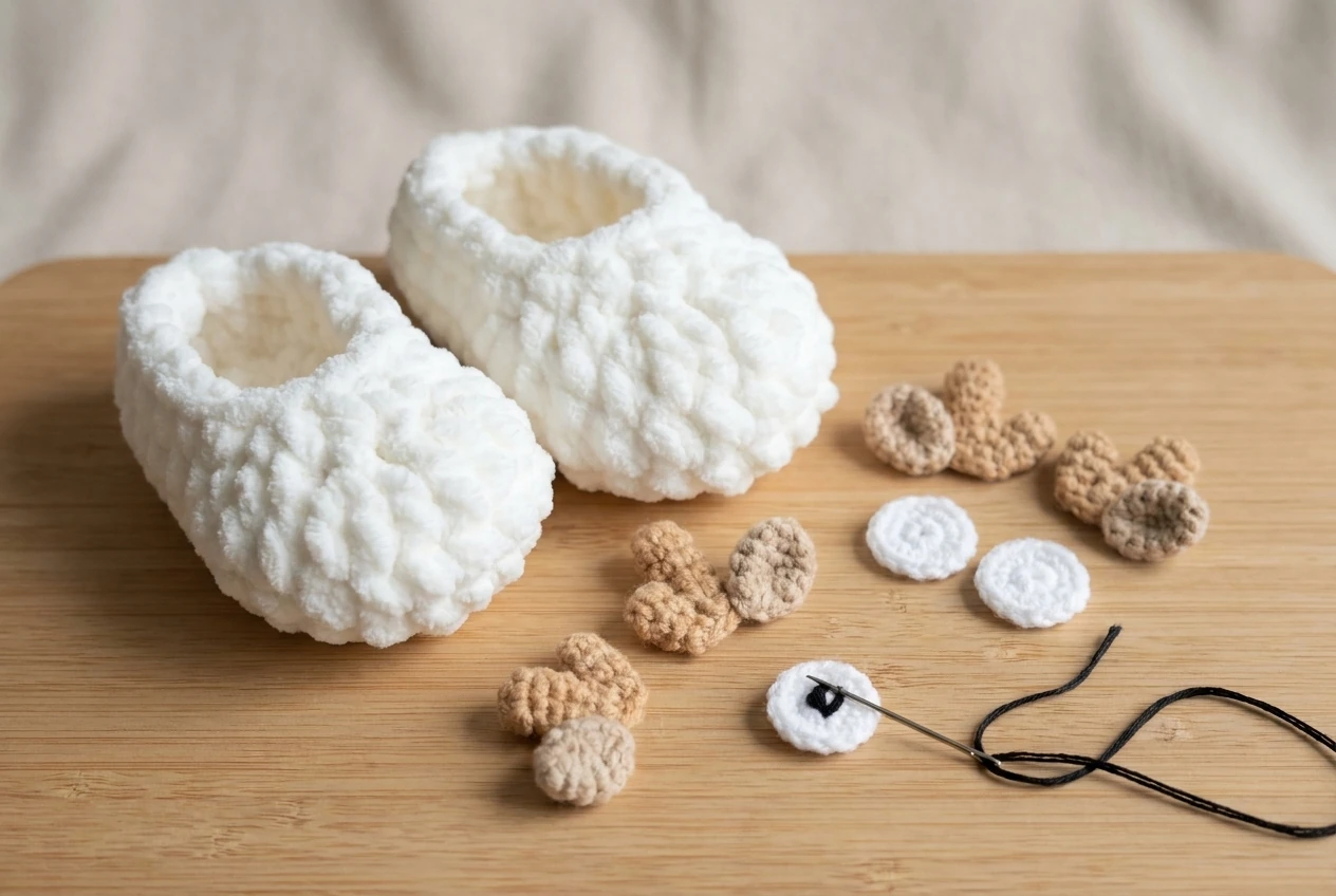 new beige crochet ears white eye circles and embroidered pupils