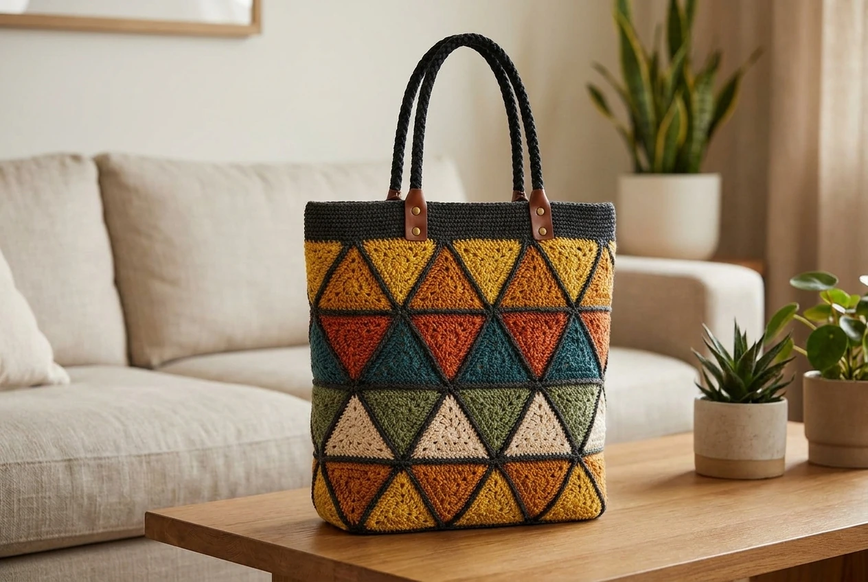 harvest crochet triangle tote bag ideas in mustard burnt orange teal moss cream and amber