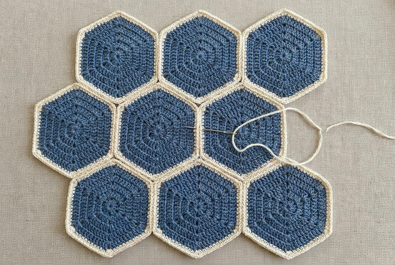 whip stitching blue cream motifs in hexagon tote bag pattern