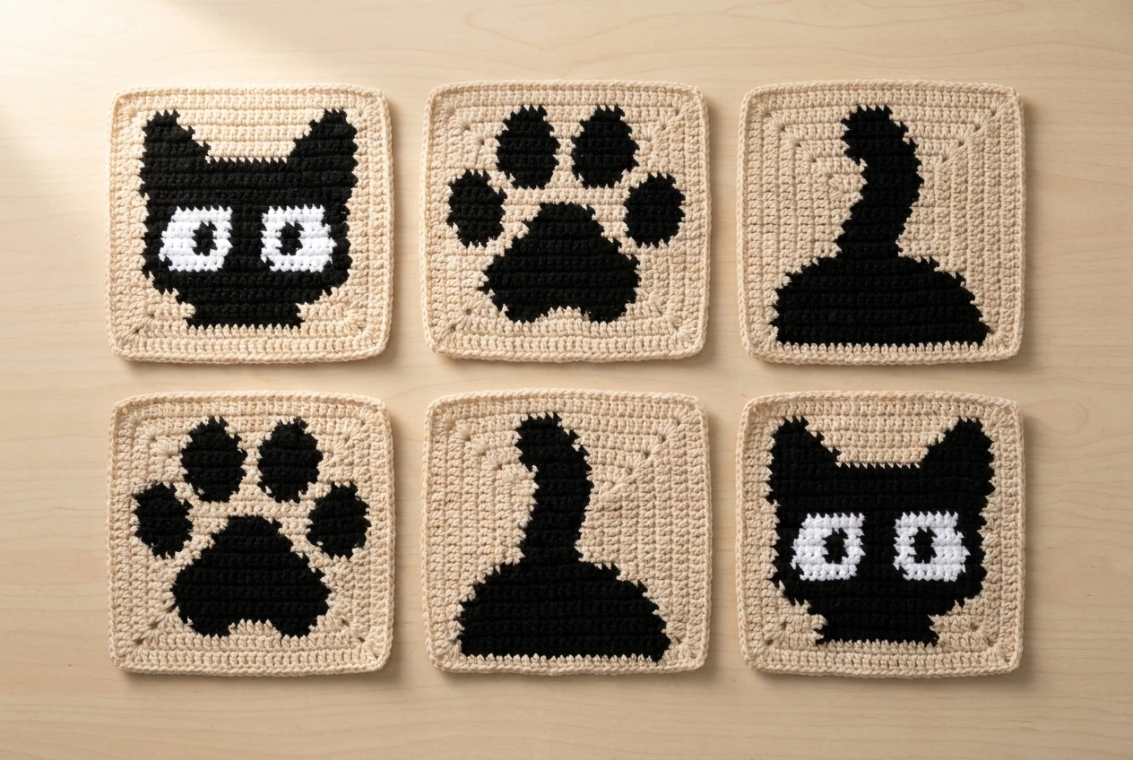 six matching crochet squares with cat face paw print and tail motifs