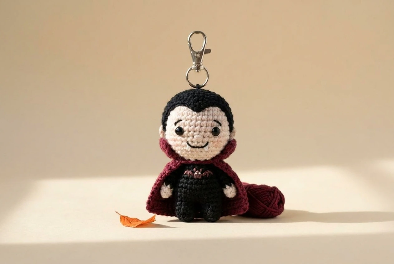 tiny vampire crochet Halloween amigurumi keychain with lobster clasp