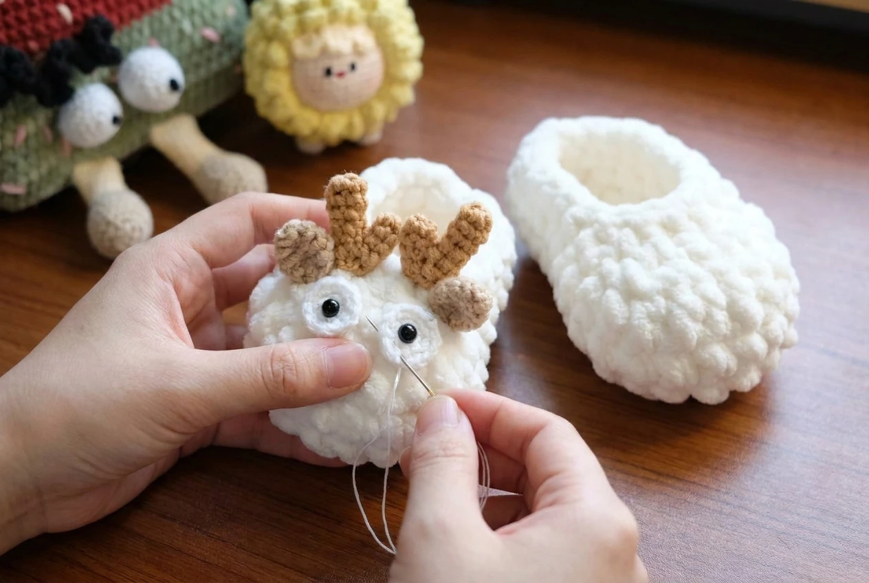 hands assembling newly generated crochet deer baby booties
