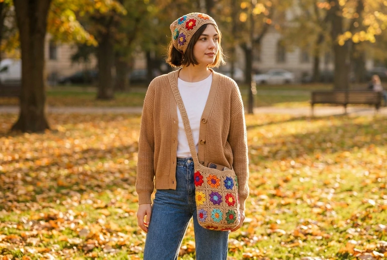 crochet flower bag and bandana with camel cardigan and jeans