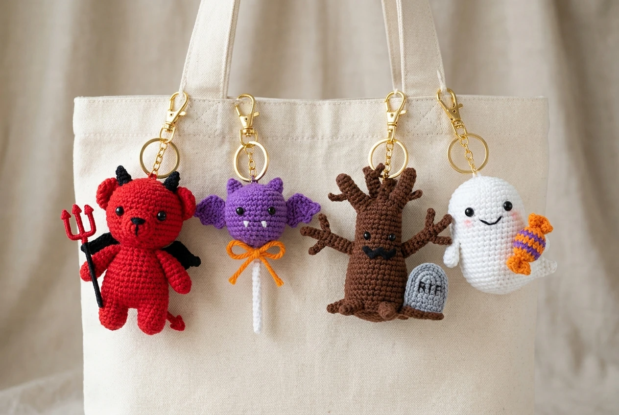 Halloween crochet keychain patterns group 8 with four unique designs