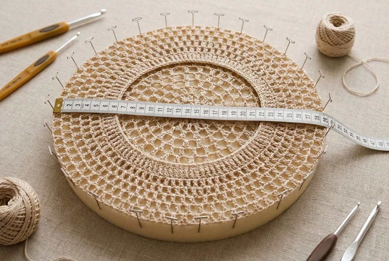 beige openwork crochet beret blocked flat with rustproof pins