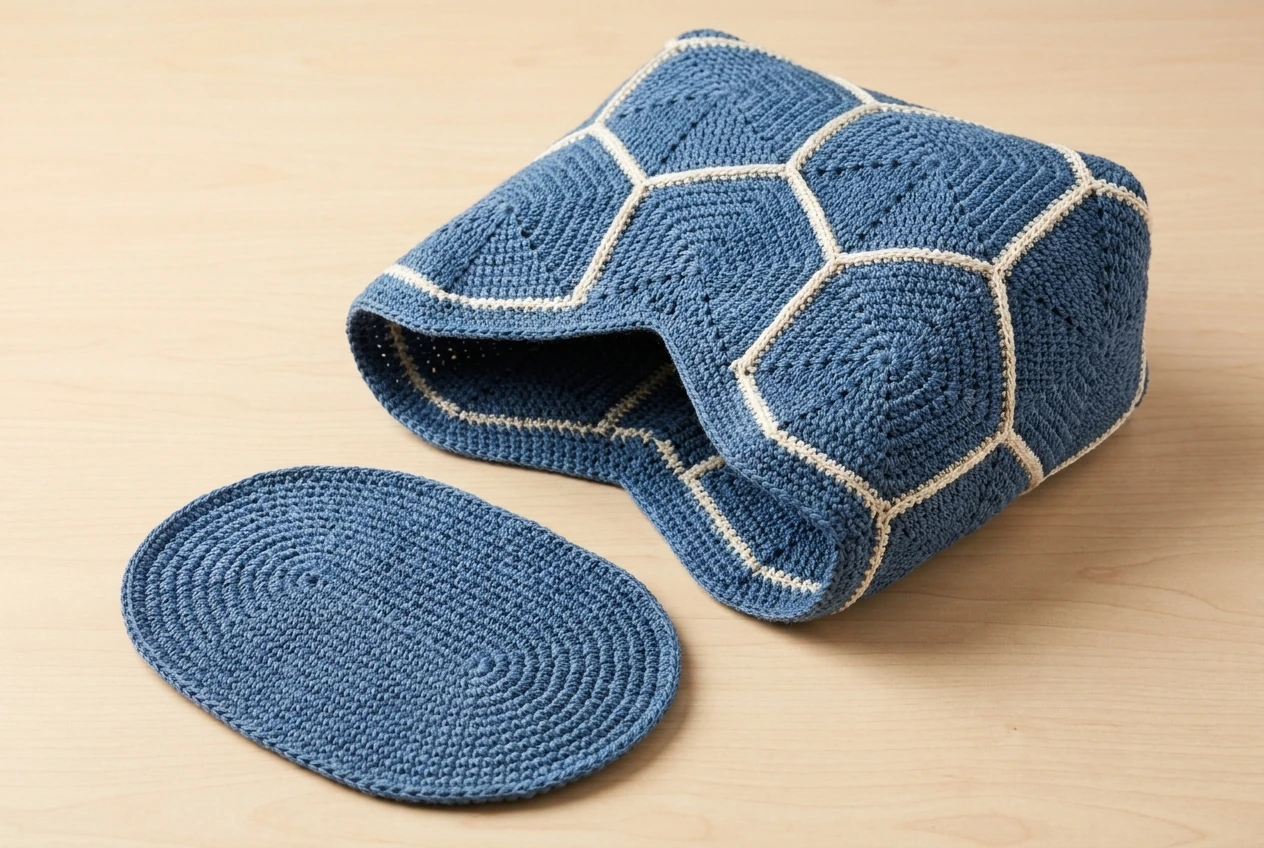 three dimensional hexagon tote body and blue oval base