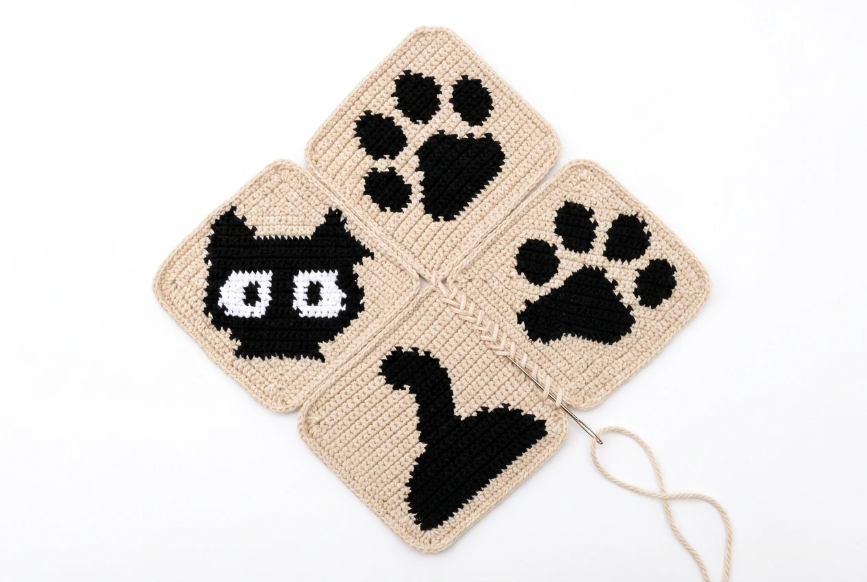 three cat mosaic crochet squares rotated as diamonds and joined at a center point
