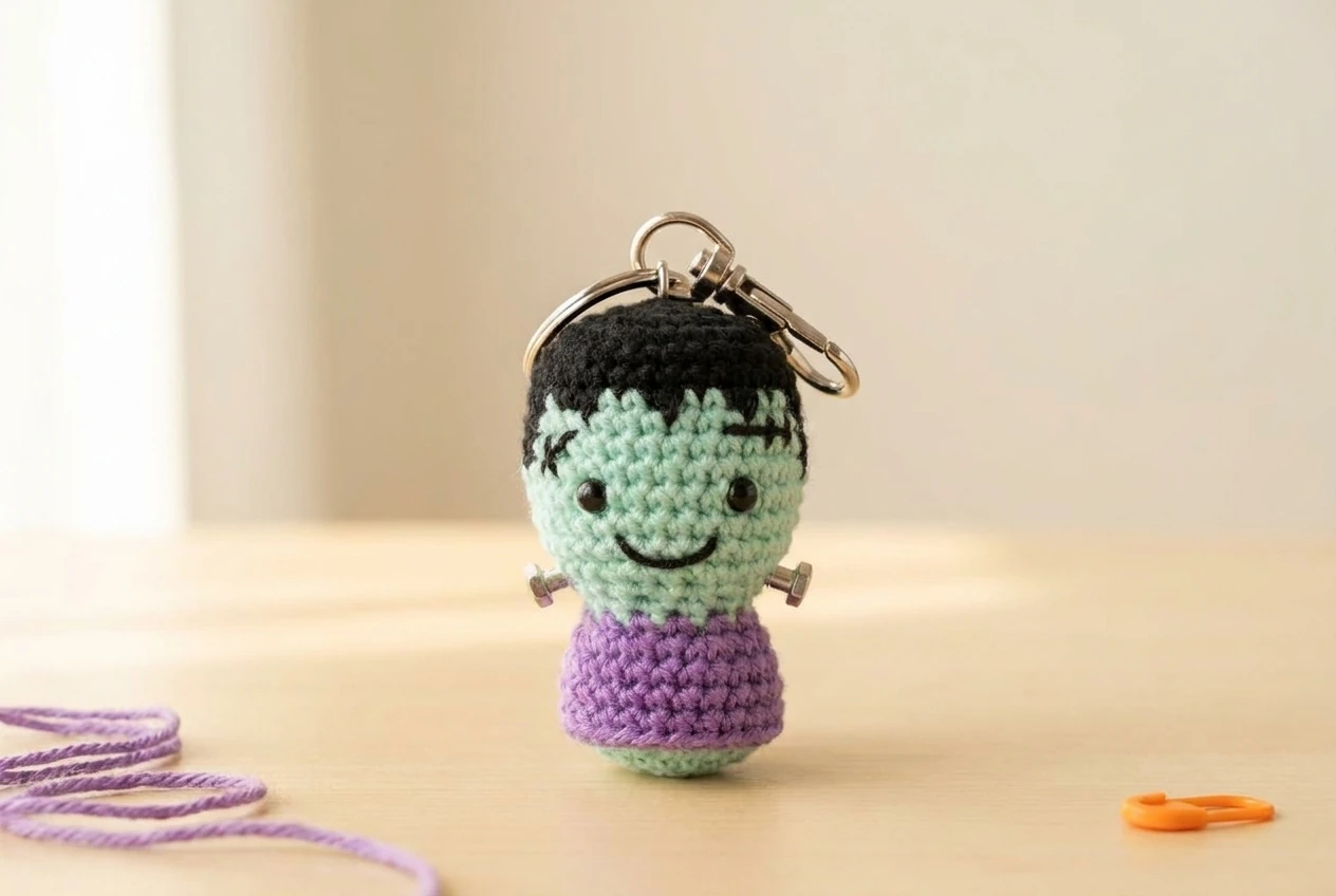 friendly frankenstein monster crochet Halloween amigurumi keychain with lobster clasp
