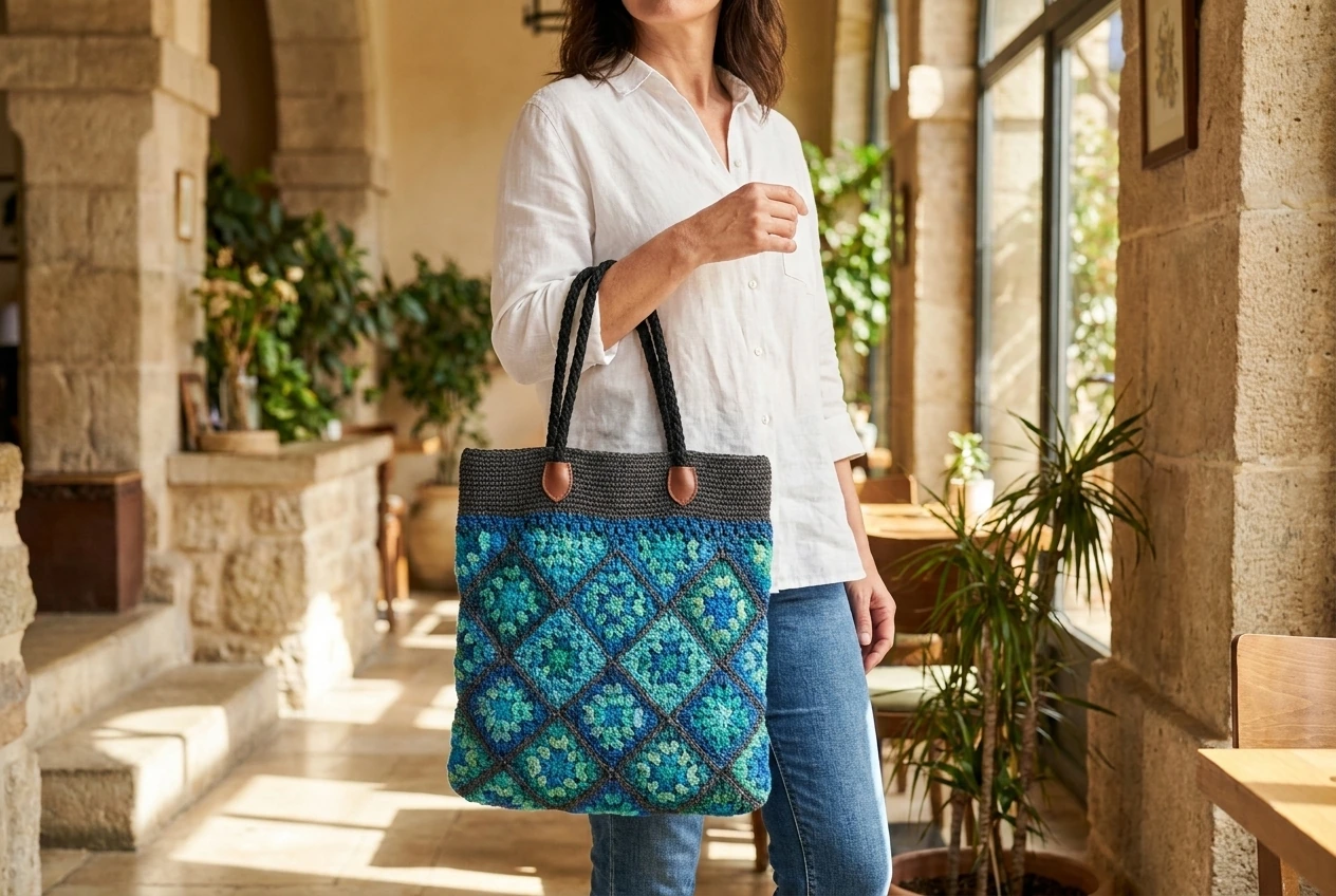 crochet triangle tote bag styled with white linen shirt and jeans
