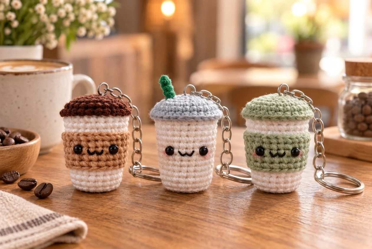 latte iced coffee and matcha variations of a crochet coffee cup keychain pattern