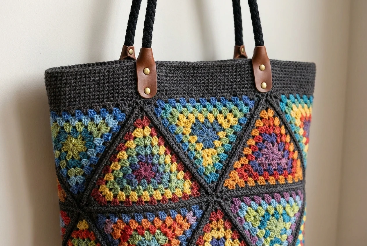 close detail of colorful crochet triangle tote with charcoal joins and braided handles