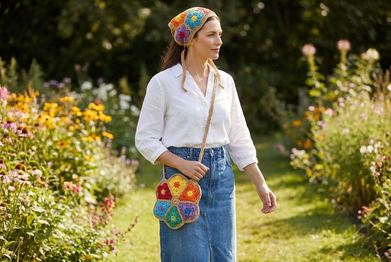 crochet flower bag and bandana worn with white blouse and denim skirt