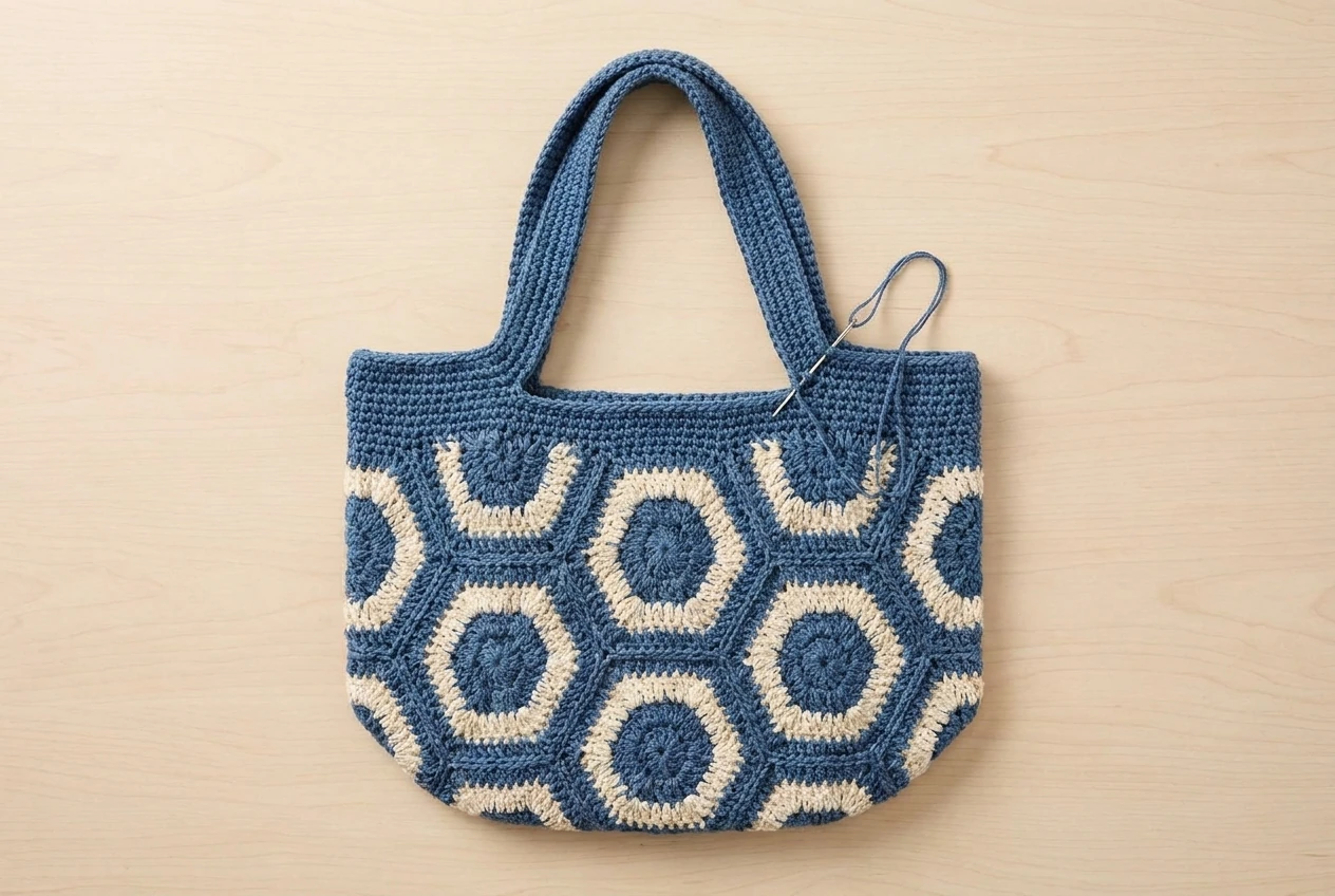 attaching sturdy blue handles to hexagon tote bag pattern
