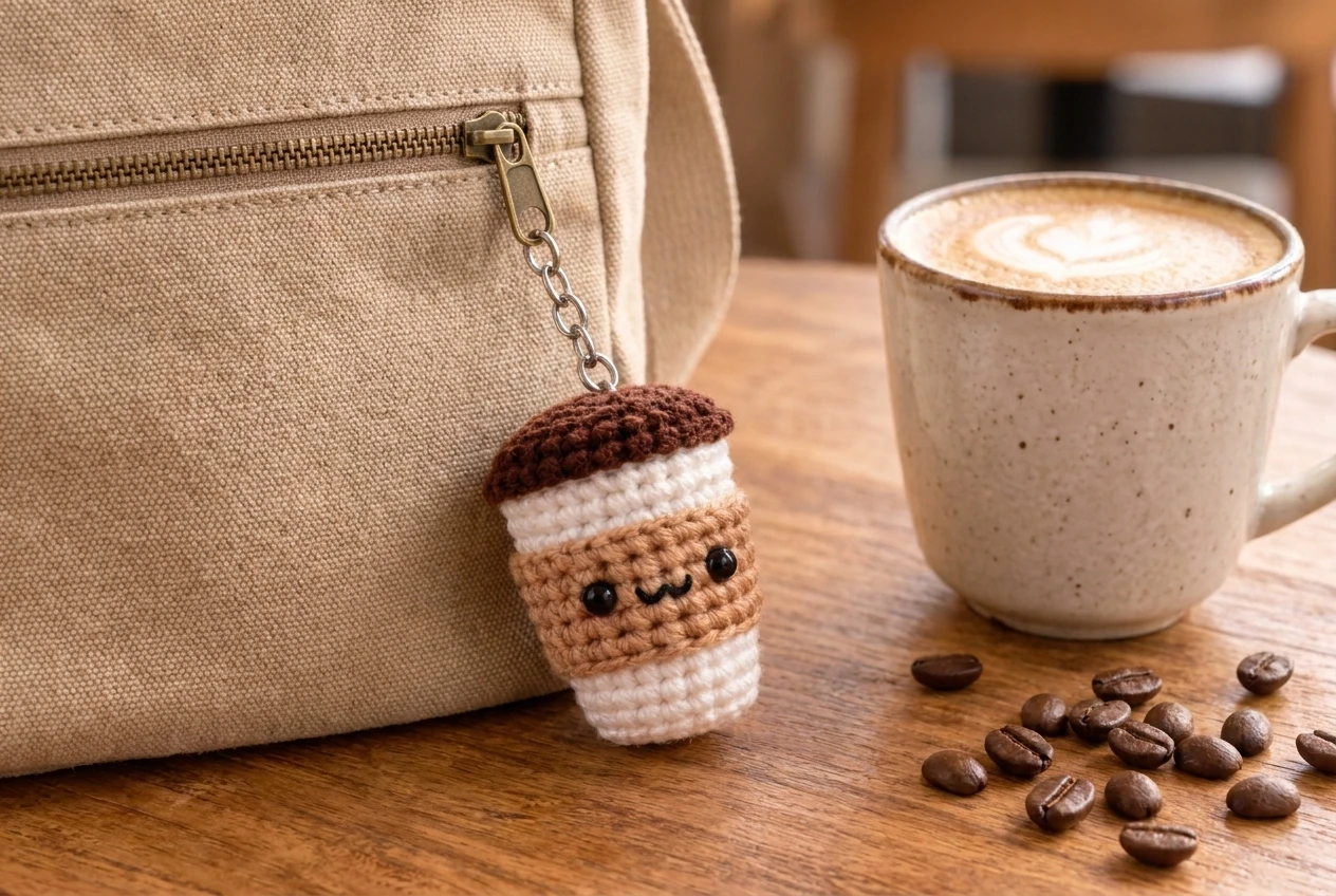 finished crochet coffee cup keychain clipped securely to a canvas bag