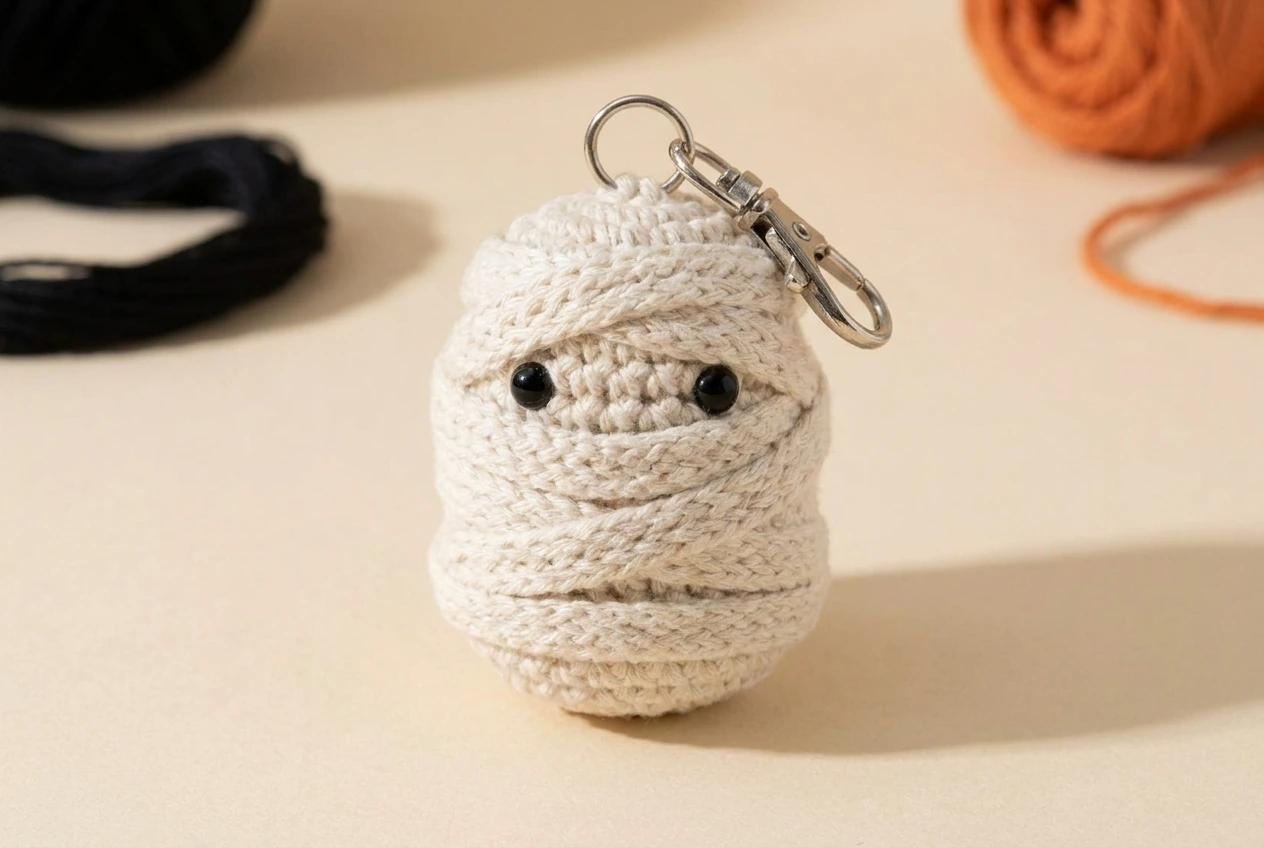 wrapped mummy crochet Halloween amigurumi keychain with lobster clasp