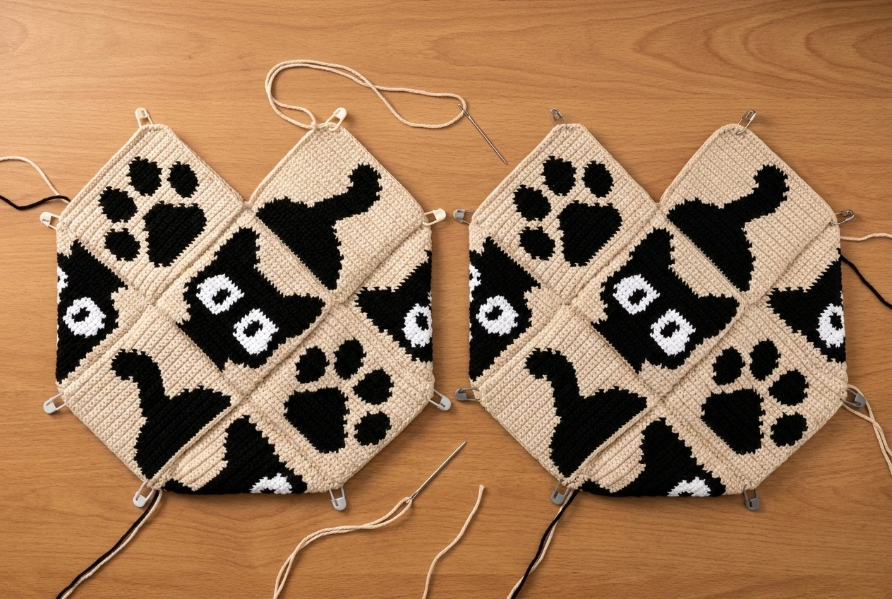 front and back crochet cat tote panels before outer edge seaming