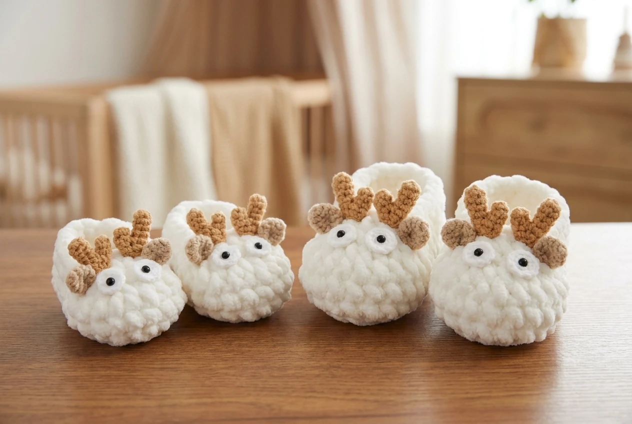two sizes of newly generated crochet deer baby booties