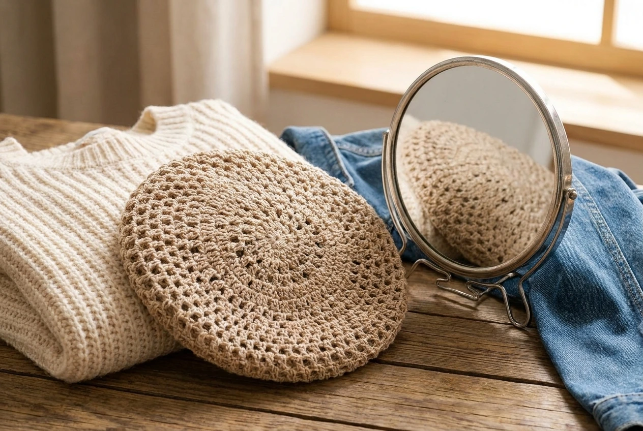 beige lace crochet beret styled with cream knitwear and denim