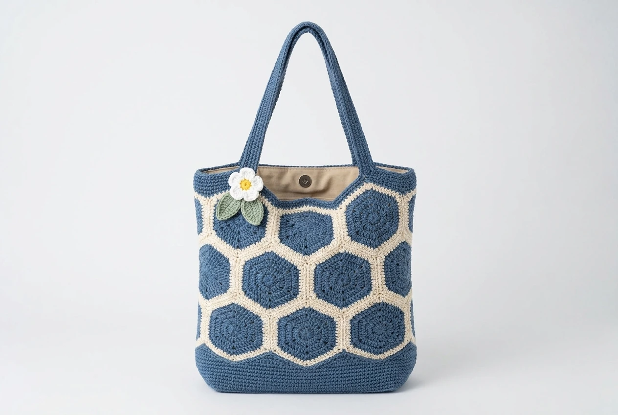 finished honeycomb hexagon tote bag pattern in denim blue and cream