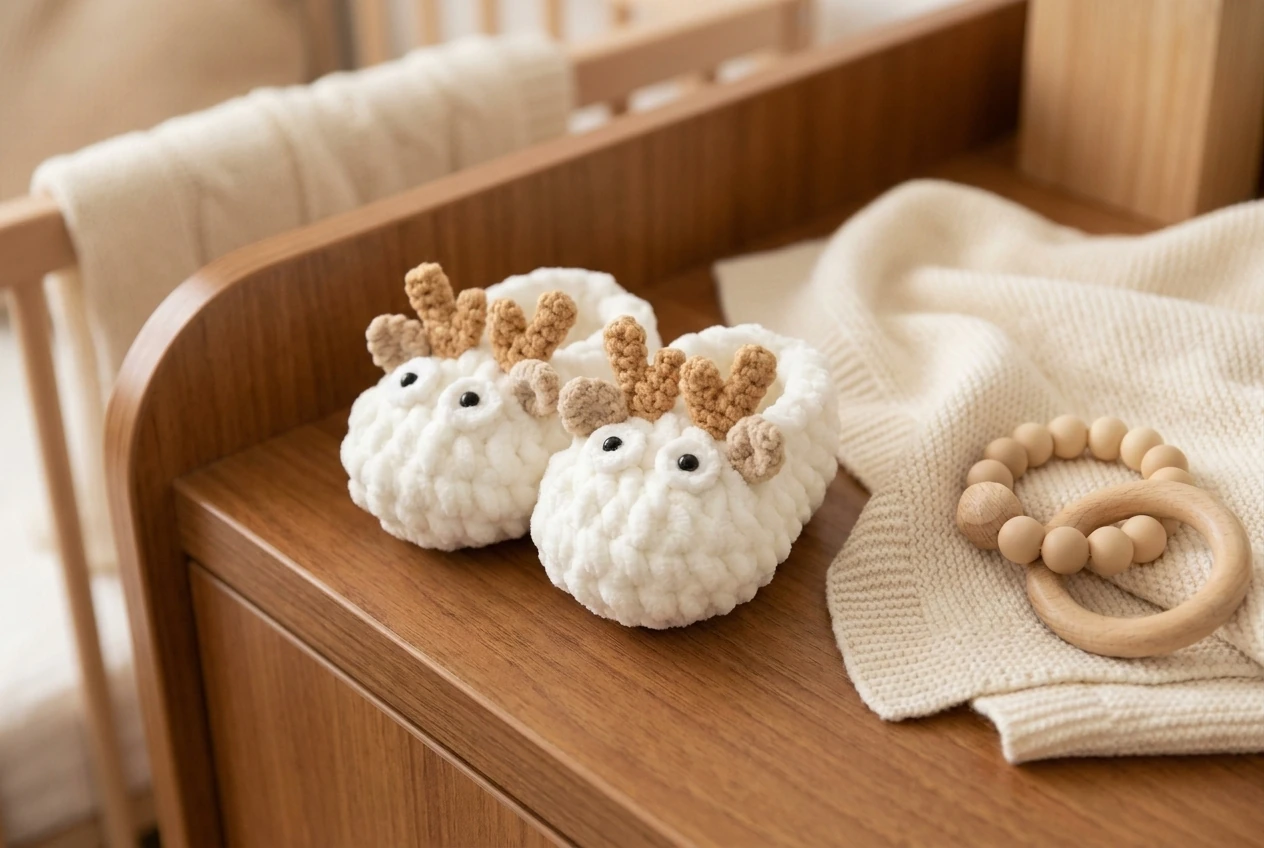 new Little Deer Antler crochet baby booties beside a cream blanket