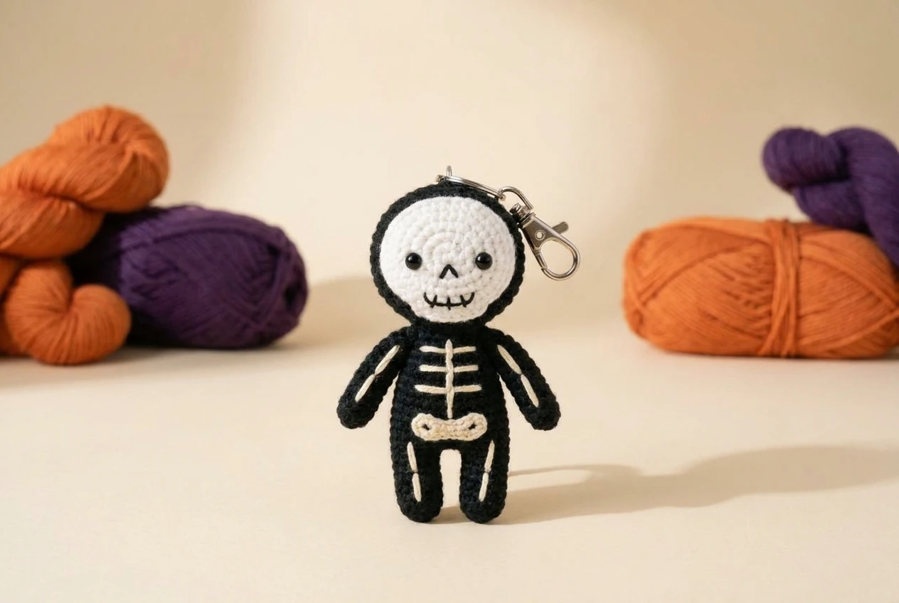 cute skeleton crochet Halloween amigurumi keychain with lobster clasp