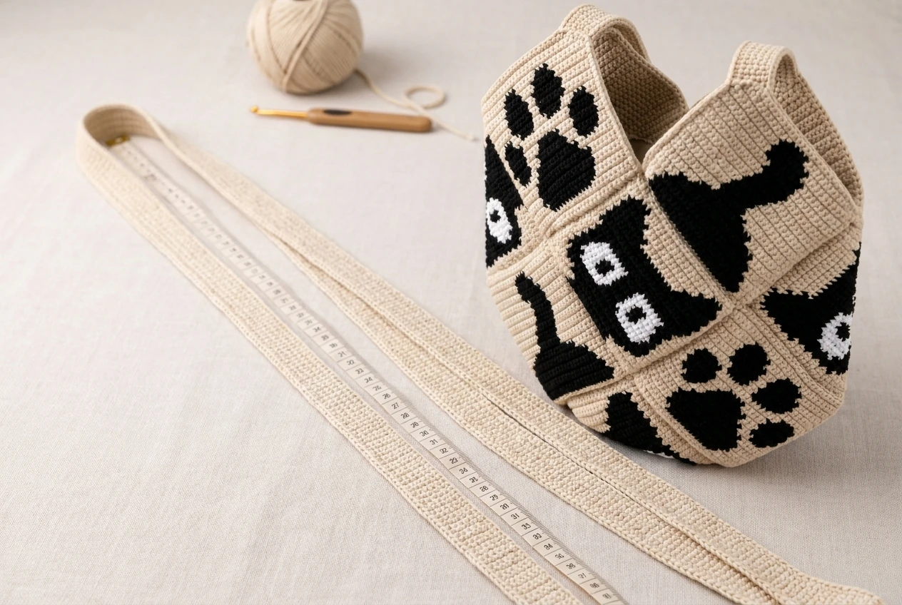 two long cream crochet tote straps beside a nearly finished cat mosaic bag
