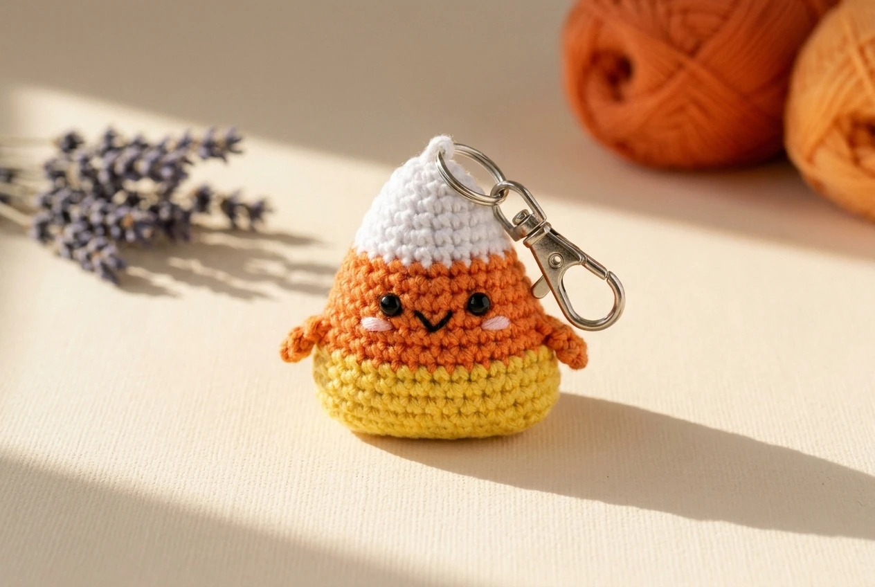 candy corn crochet Halloween amigurumi keychain with lobster clasp