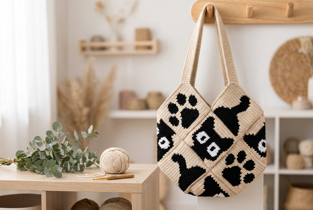 finished cream and black crochet cat paw mosaic tote hanging in a craft room