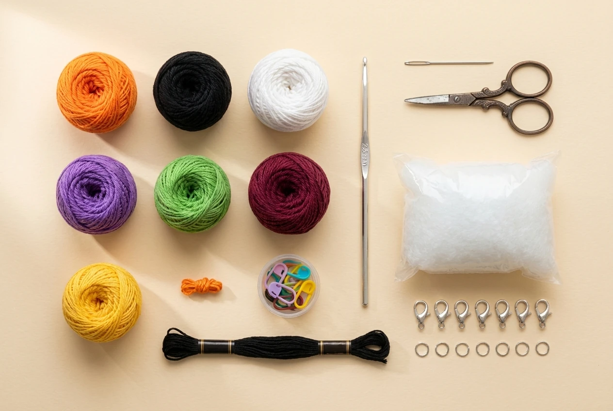 cotton yarn crochet hook fiberfill embroidery thread lobster clasps and jump rings
