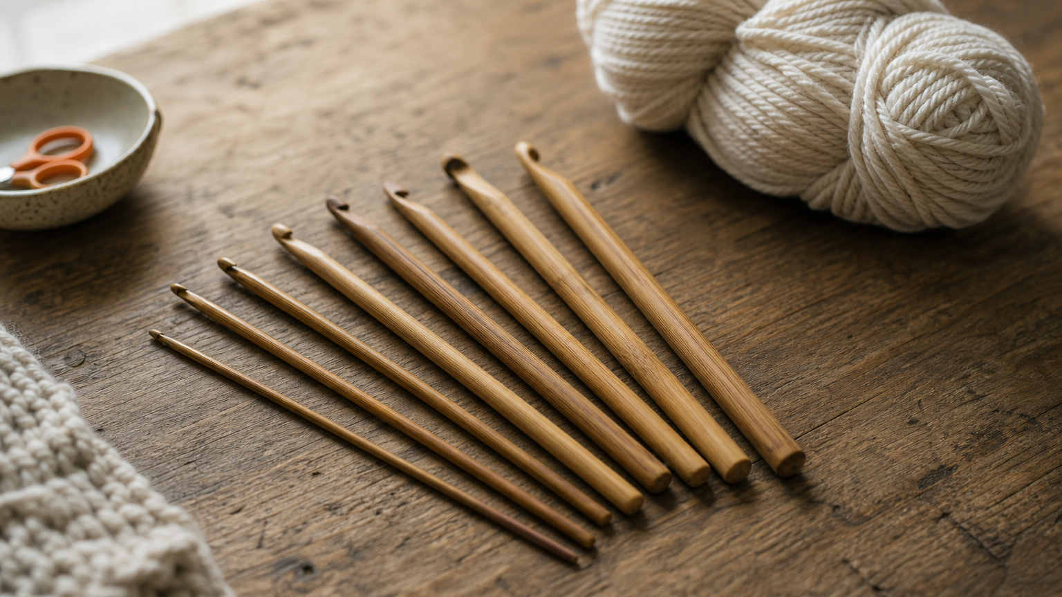 Several wooden bamboo crochet hooks fanned out next to a skein of yarn on a table.
