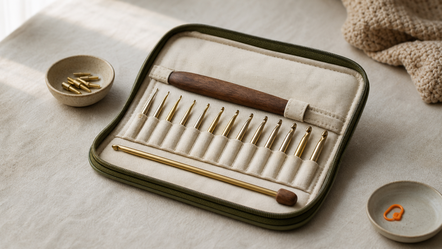 An interchangeable hook set with screw-on tips and a long Tunisian hook laid out in a case.