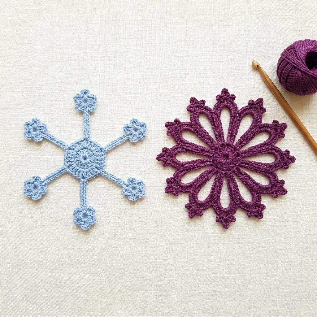 Two free crochet flower motifs in powder blue and plum