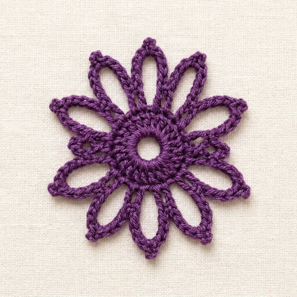 Finished plum Motif 4 with long open-loop petals
