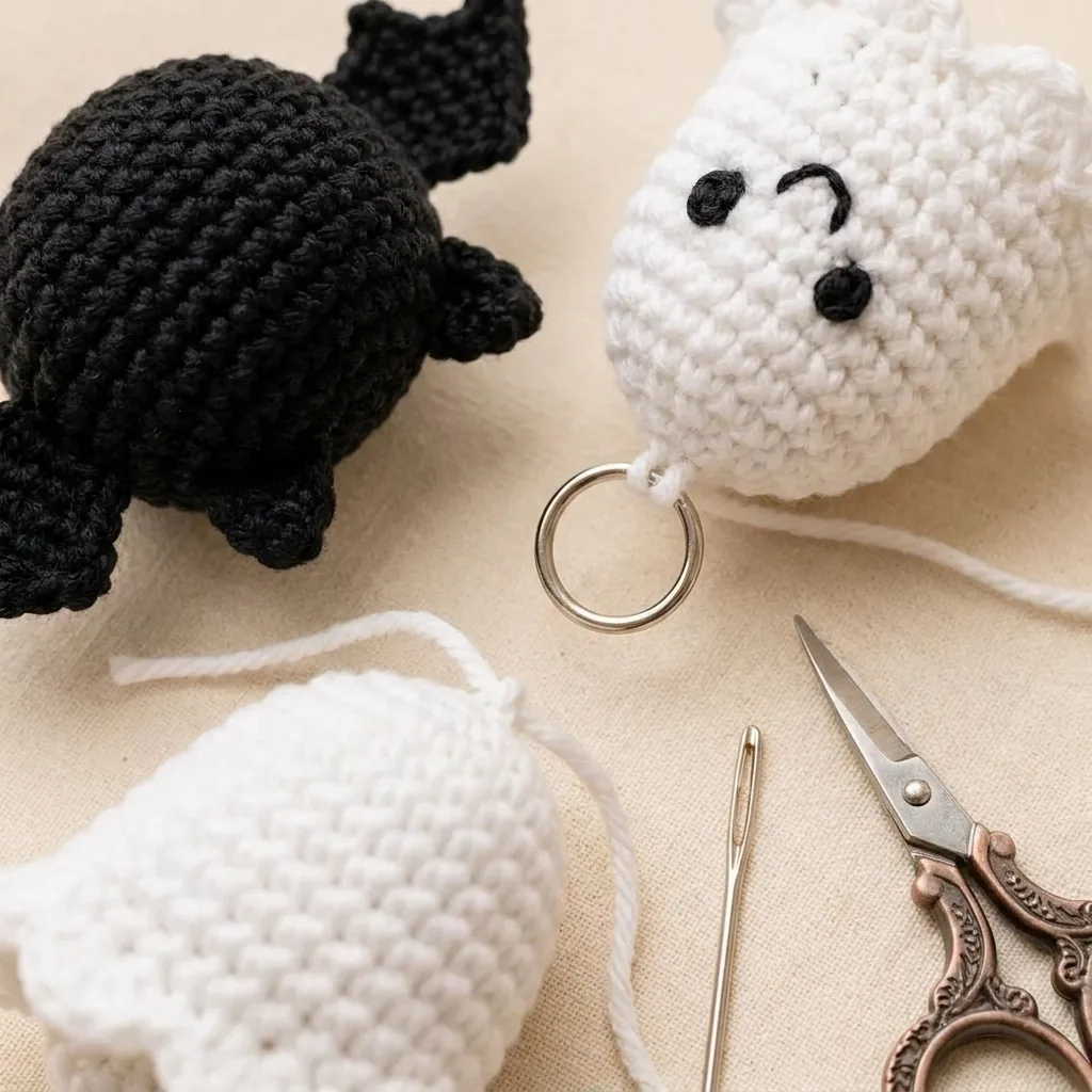 Secure amigurumi keychain finishing with jump ring yarn needle and woven tails