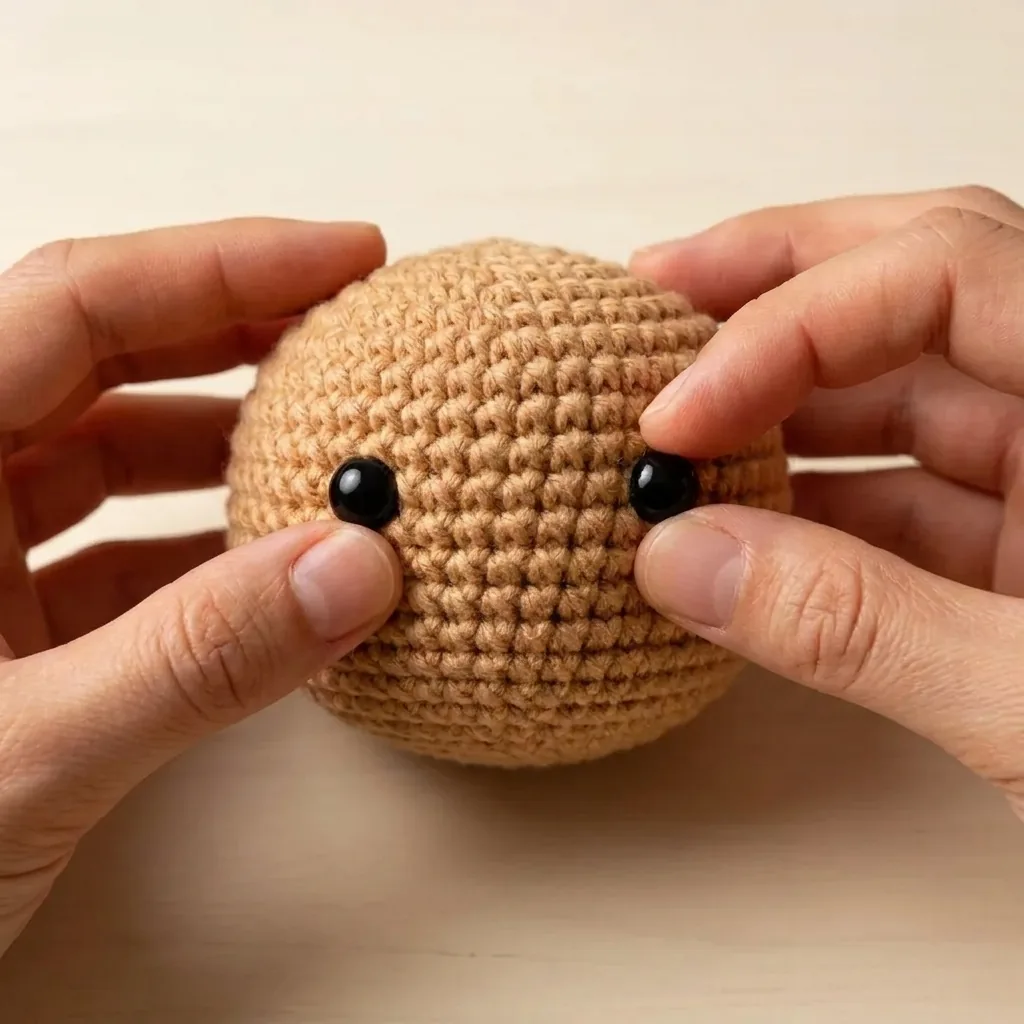 Safety eyes being attached to the crochet reindeer head