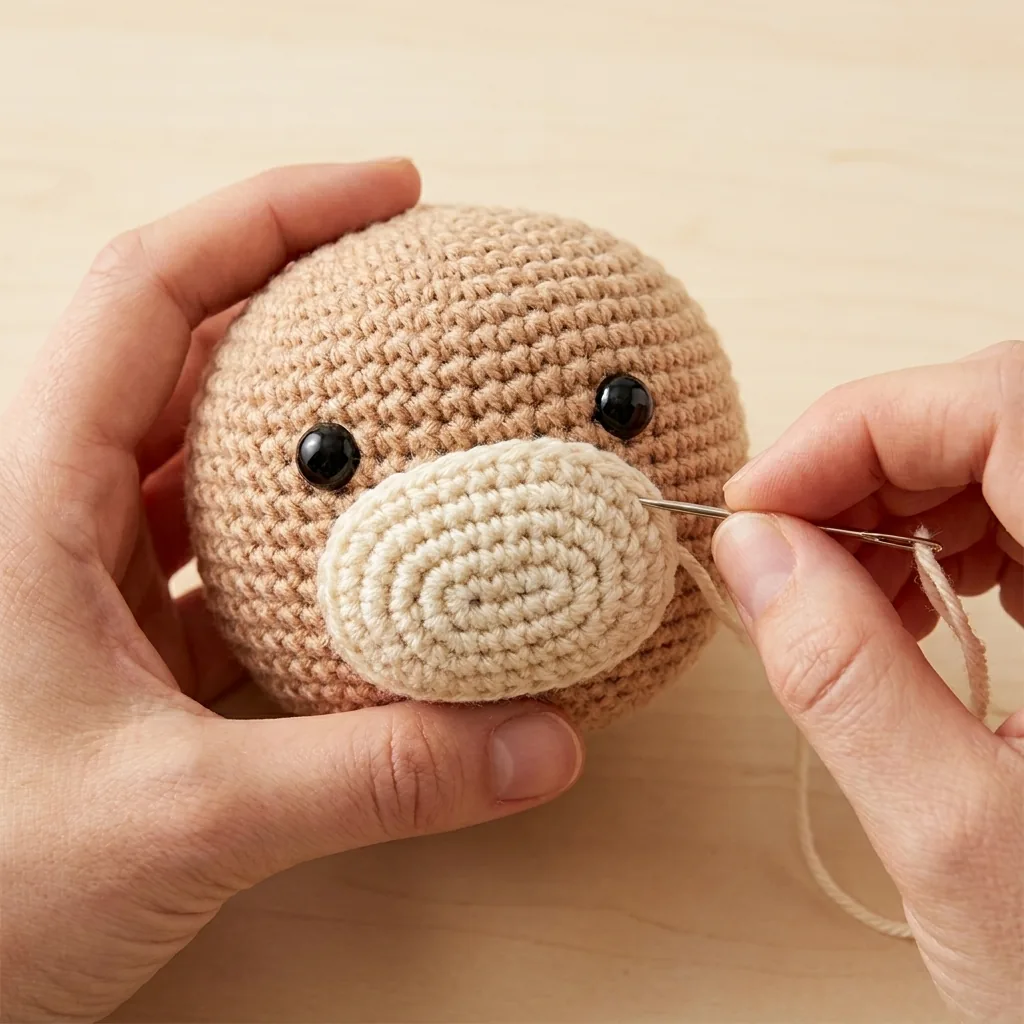 Cream crochet muzzle being sewn under the reindeer eyes