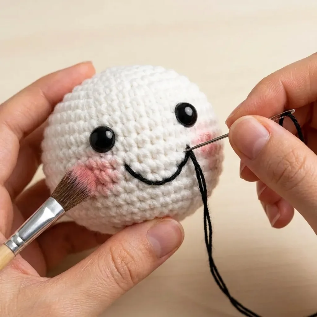 Black smile being embroidered and pink blush added