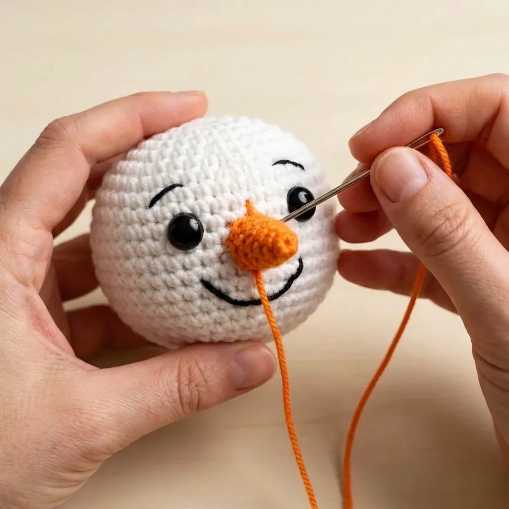 Orange carrot nose being sewn to the snowman face