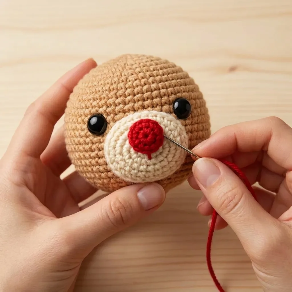 Red crochet nose being sewn to the cream muzzle