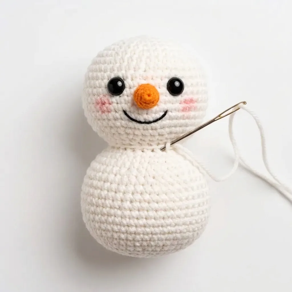 Snowman head being sewn to the white body