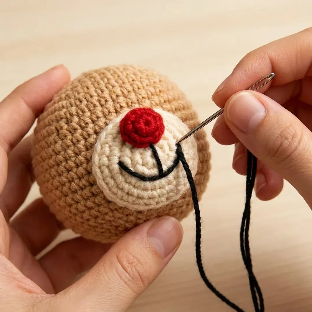 Black smile being embroidered beneath the red nose