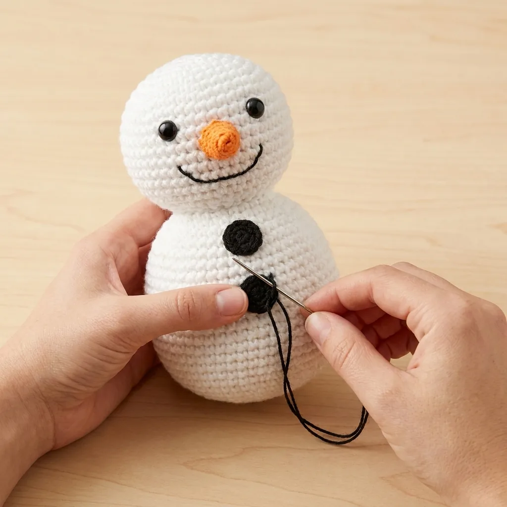 Two black buttons being sewn onto the body